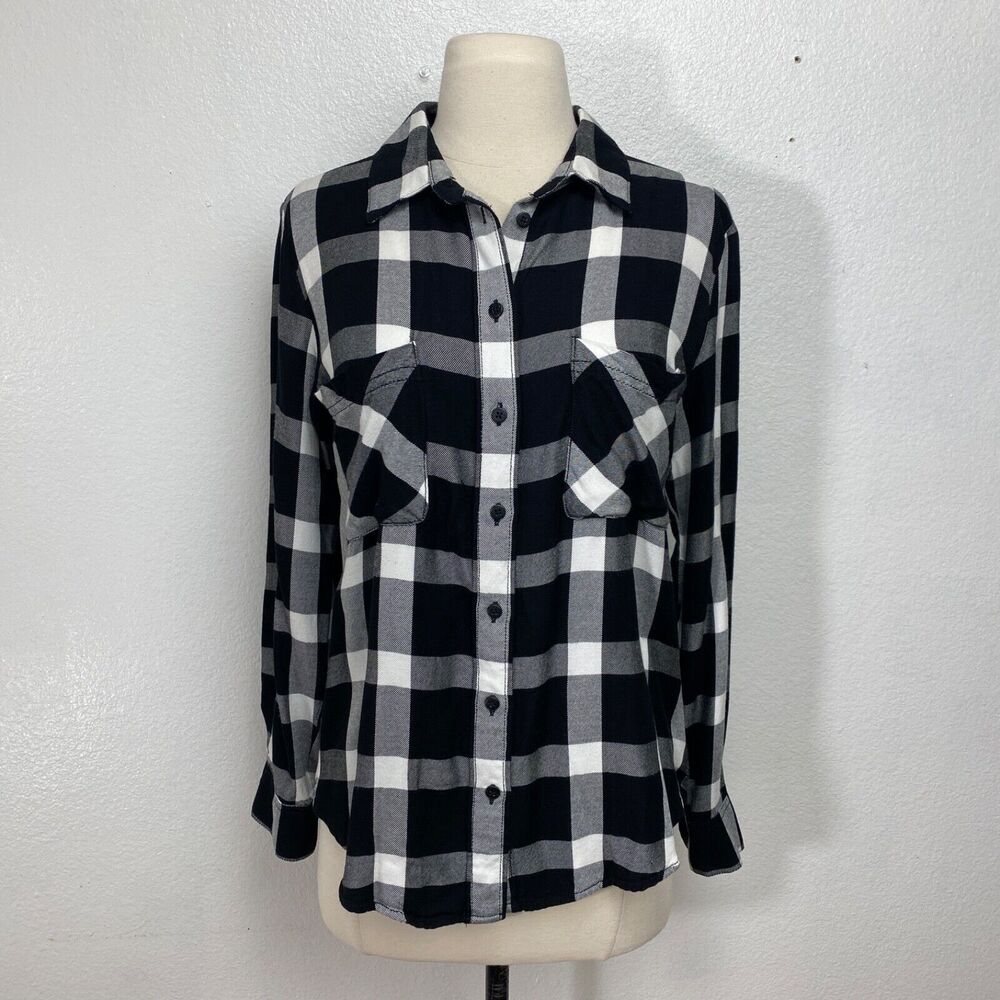 Sanctuary Womans Blouse Small Black White Checks Rayon Long Sleeves Hip-Hop Boho
